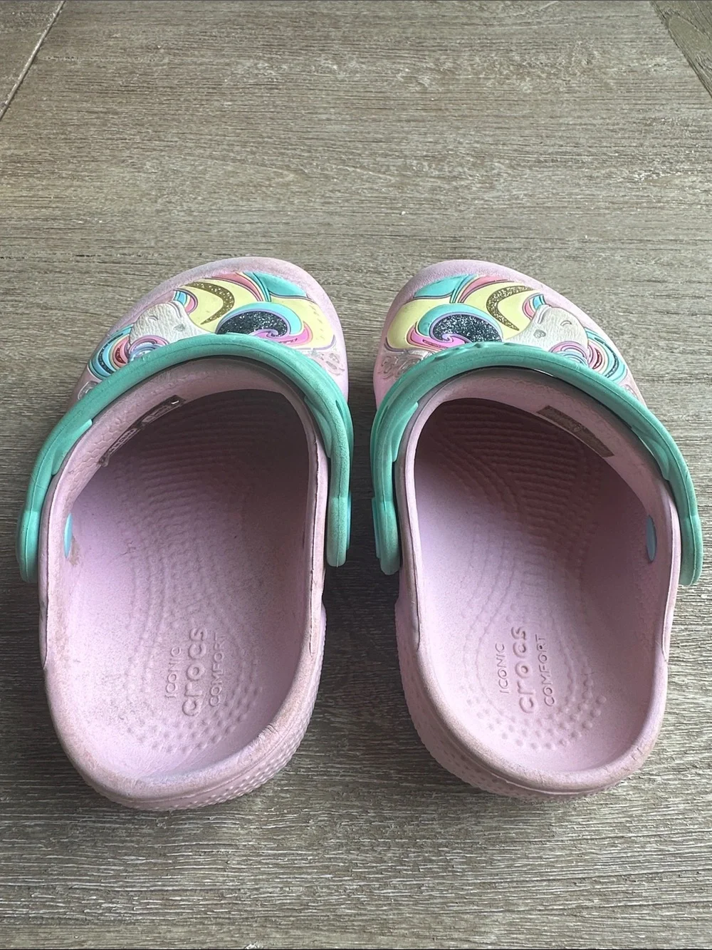 CROCS Kids Pink Unicorn Clogs with Mint Strap